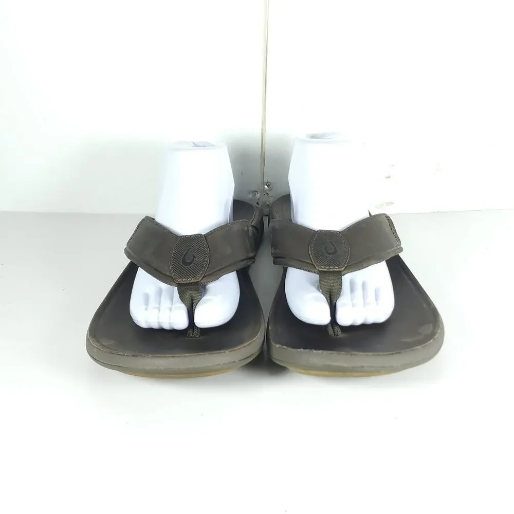Olukai Men's Tuahine US13 Canteen Leather Waterproof Flat Thong Sandals